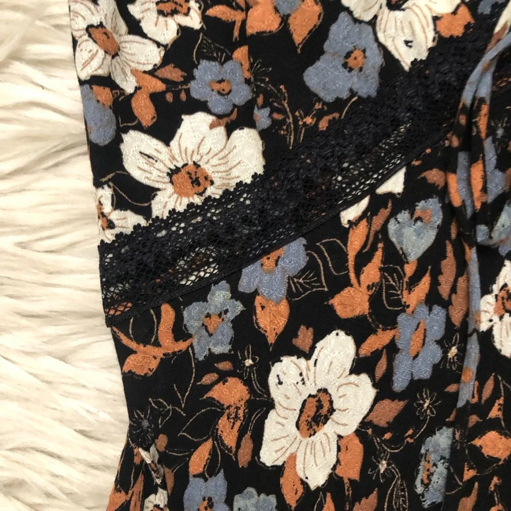 Free People All I Wanted Lace Floral Ditsy Black Brown Maxi Slip Dress size S